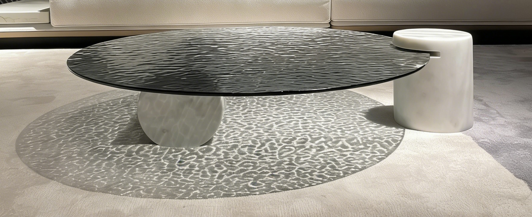 Water Ripple Tempered Glass Coffee Table with Natural Stone Base - Image 6